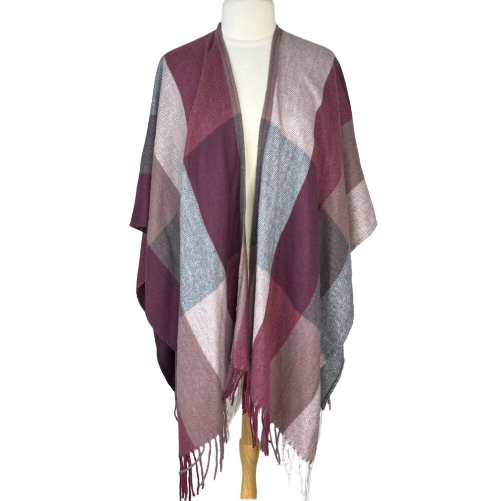 Woolrich Cape Shawl Sweater Soft Multicolor Pink Plaid Fringe Detail Size OS